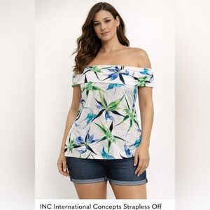 INC International Concepts Strapless Off Shoulder Floral Blouse Size L